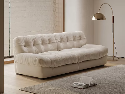 Beige Sofa In Modern Living Room With Floor Lamp Area Rug And Window View 3d model