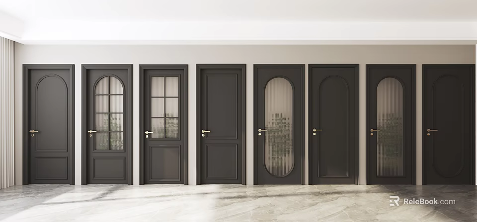 Various Black Doors With Different Designs In White Wall And Light Floor Interior 3d model 