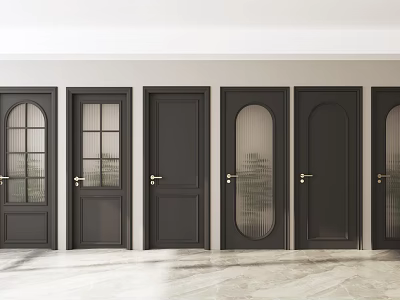 Various Black Doors With Different Designs In White Wall And Light Floor Interior 3d model