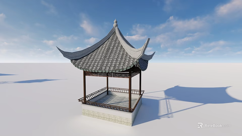 Traditional Chinese Pavilion With Upturned Eaves Gray Tile Roof And Stone Base Under Blue Sky 3d model 