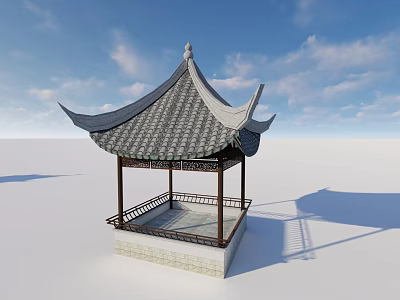 Traditional Chinese Pavilion With Upturned Eaves Gray Tile Roof And Stone Base Under Blue Sky 3d model