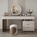 Modern Elegant Dressing Table With Round Mirror Cosmetics Perfume Bottles And Stool 3d model