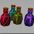 Colorful Decorative Bottles With Red Blue Green Purple Bodies Orange Net Design And Red Caps