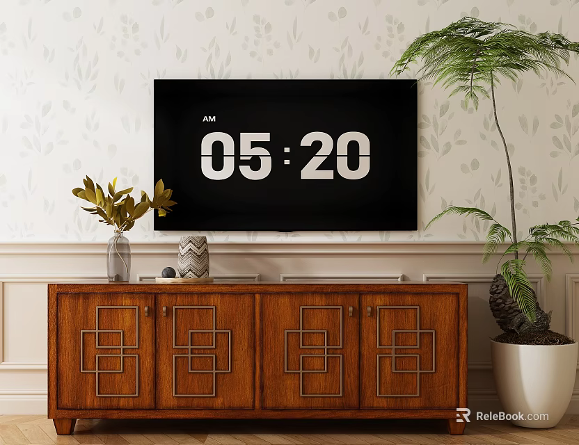 Wooden TV Stand With Geometric Doors TV Vase Decor Light Floral Wallpaper And Green Plant 3d model 
