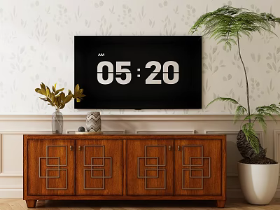 Wooden TV Stand With Geometric Doors TV Vase Decor Light Floral Wallpaper And Green Plant 3d model