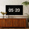 Wooden TV Stand With Geometric Doors TV Vase Decor Light Floral Wallpaper And Green Plant