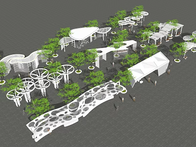 Modern Pergola Design With Multiple Structures And Green Plants In Landscape 3d model