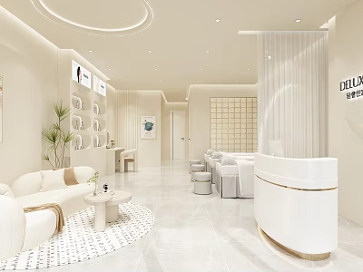 Elegant Cream Tone Beauty Salon Interior Design With Cozy Guest Lounge And Premium Treatment Areas 3d model