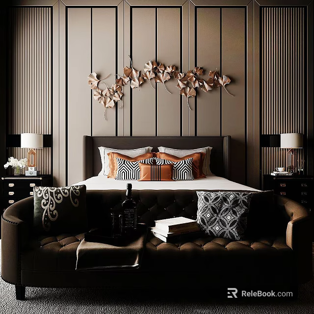 Modern Elegant Bedroom Interior With Bedside Tables Table Lamps Decorative Wall Art Sofa Pillows 3d model 