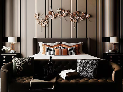 Modern Elegant Bedroom Interior With Bedside Tables Table Lamps Decorative Wall Art Sofa Pillows 3d model
