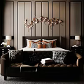 Modern Elegant Bedroom Interior With Bedside Tables Table Lamps Decorative Wall Art Sofa Pillows