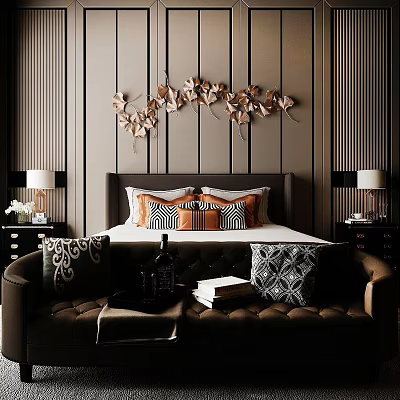 Modern Elegant Bedroom Interior With Bedside Tables Table Lamps Decorative Wall Art Sofa Pillows 3d model