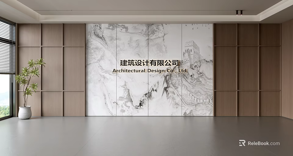 Architectural Design Company Reception Background Wall With Great Wall Ink Art Pattern 3d model 