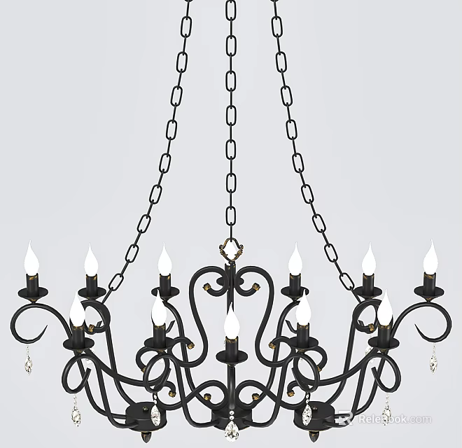 Elegant Black Iron Chandelier With Candle Style Lights And Chain Hanging Decorative Design 3d model 