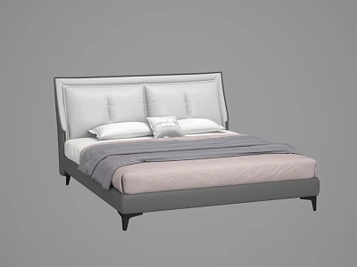 Modern Minimalist Double Bed With Upholstered White Gray Headboard Pillows Decorative Cushion And Throw Blanket 3d model