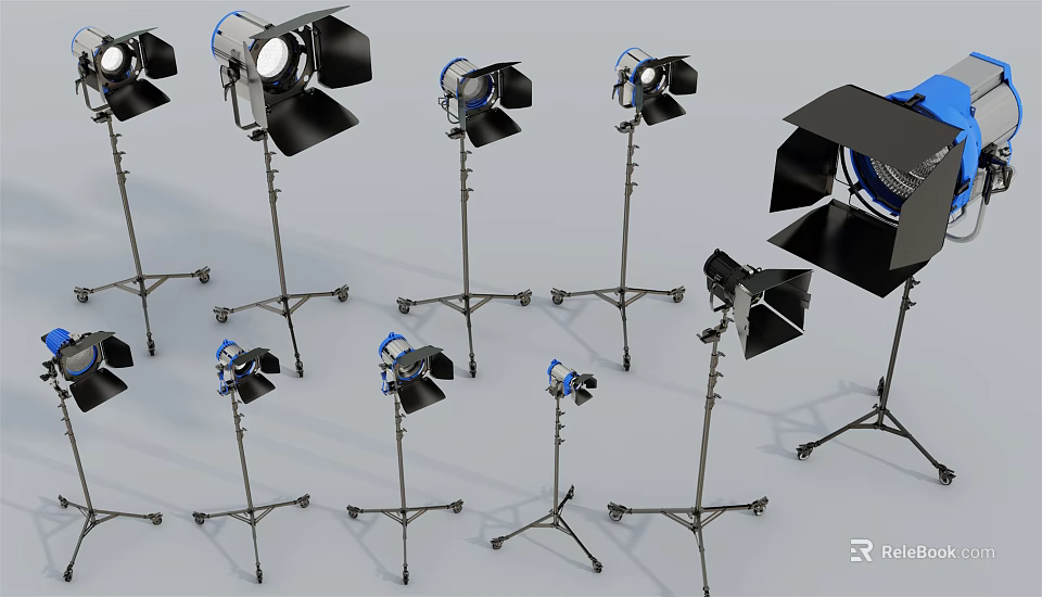 Professional Studio Lighting Equipment With Adjustable Metal Stands And Black Shades 3d model 