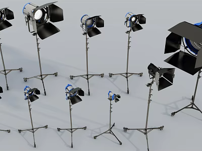 Professional Studio Lighting Equipment With Adjustable Metal Stands And Black Shades 3d model
