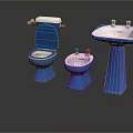 Blue Bathroom Furniture Set Including Toilet Bidet And Pedestal Sink