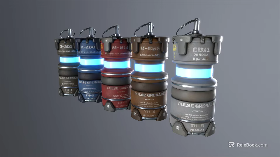 Various Military Grenades With Blue Glowing Elements And Labels Including SHOCK ICEX MODERN CLASSIC 3d model 