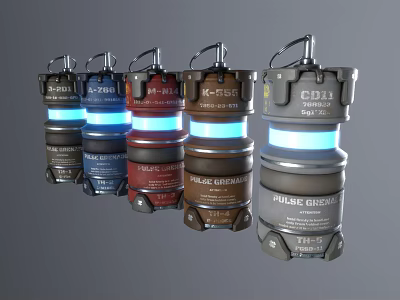 Various Military Grenades With Blue Glowing Elements And Labels Including SHOCK ICEX MODERN CLASSIC 3d model