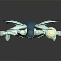 Blue And White Armored Action Figure With Teal Wings Posed Open Arms