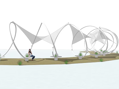 Modern Tensile Membrane Outdoor Structure Design With Seating Greenery And Waterfront 3d model