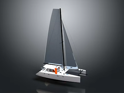 Modern Catamaran Sailboat with Black Sail and White Hull on Water 3d model