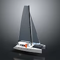 Modern Catamaran Sailboat with Black Sail and White Hull on Water