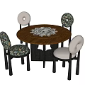 Modern Wooden Round Table and Four Chairs Set with Patterned and Plain Seats 3d model