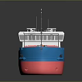 Cargo Water Vessel With Blue Red Hull And Long Red Cargo Transport Deck