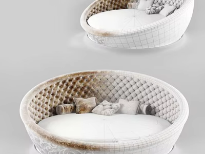 Modern Upholstered Round Bed With Tufted Design Decorative Trim And Soft Pillows 3d model