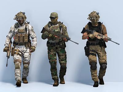 Game And Movie Characters Three Soldiers In Camouflage Uniforms With Helmets Holding Rifles 3d model