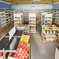 Modern General Merchandise Supermarket Interior With Checkout Counters Shelves And Fresh Fruits