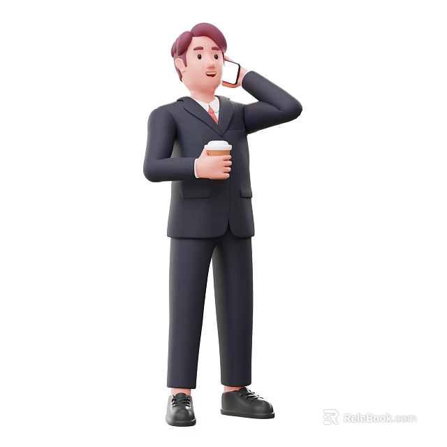 A Man In Suit And Tie Holding Coffee While Talking On Phone 3d model 