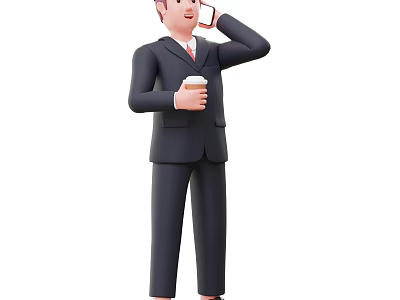 A Man In Suit And Tie Holding Coffee While Talking On Phone 3d model