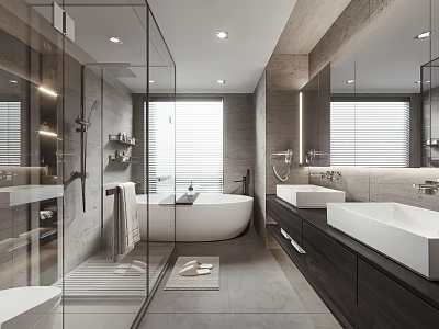 Modern Bathroom Interior With Glass Shower White Bathtub Double Sinks Large Mirror And Gray Tiles 3d model