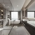 Modern Bathroom Interior With Glass Shower White Bathtub Double Sinks Large Mirror And Gray Tiles
