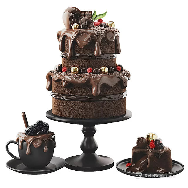 Layered Chocolate Cake With Chocolate Drizzle Berries Gold Beads And Mini Cupcakes On Black Stand 3d model 