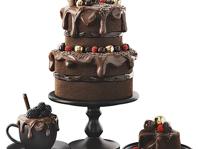 Layered Chocolate Cake With Chocolate Drizzle Berries Gold Beads And Mini Cupcakes On Black Stand 3d model