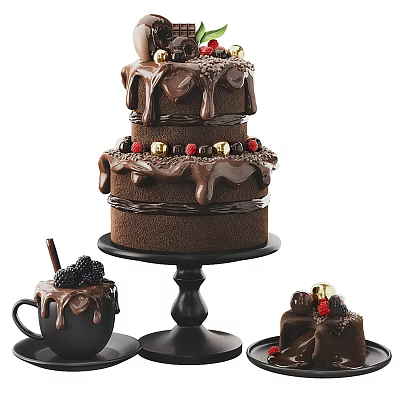 Layered Chocolate Cake With Chocolate Drizzle Berries Gold Beads And Mini Cupcakes On Black Stand 3d model