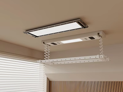 Ceiling Mounted Clothes Hanger With LED Lighting And Window Blinds For Room With Wooden Panels 3d model