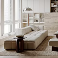 Modern Living Room Interior Design With Beige Sofa Fireplace Area Rug And Built-in Bookshelves