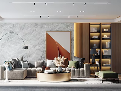 Modern Living Room Interior Design With Gray Sofa Round Coffee Table And Marble Accent Wall 3d model