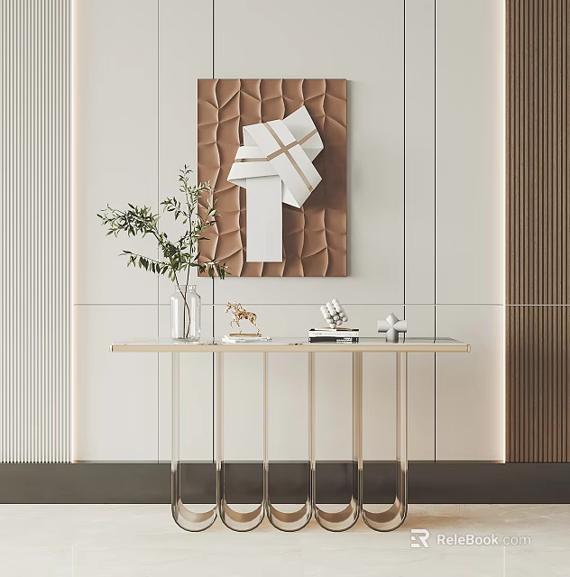 Modern Console Table With Golden Metal Legs Green Plant And Decorative Wall Art 3d model 