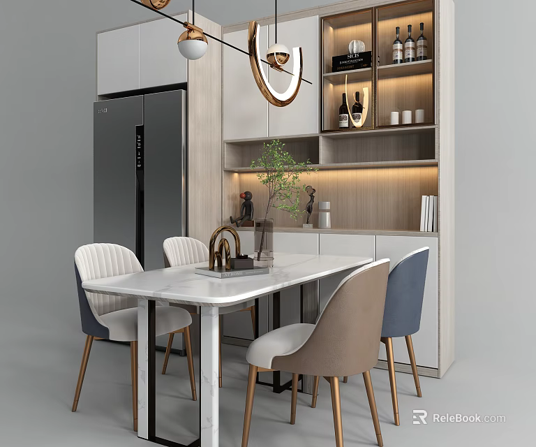 White Dining Table Set with Four Beige Blue White Chairs Wooden Legs in Modern Kitchen 3d model 