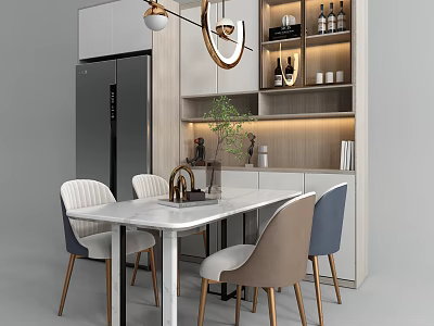 White Dining Table Set with Four Beige Blue White Chairs Wooden Legs in Modern Kitchen 3d model