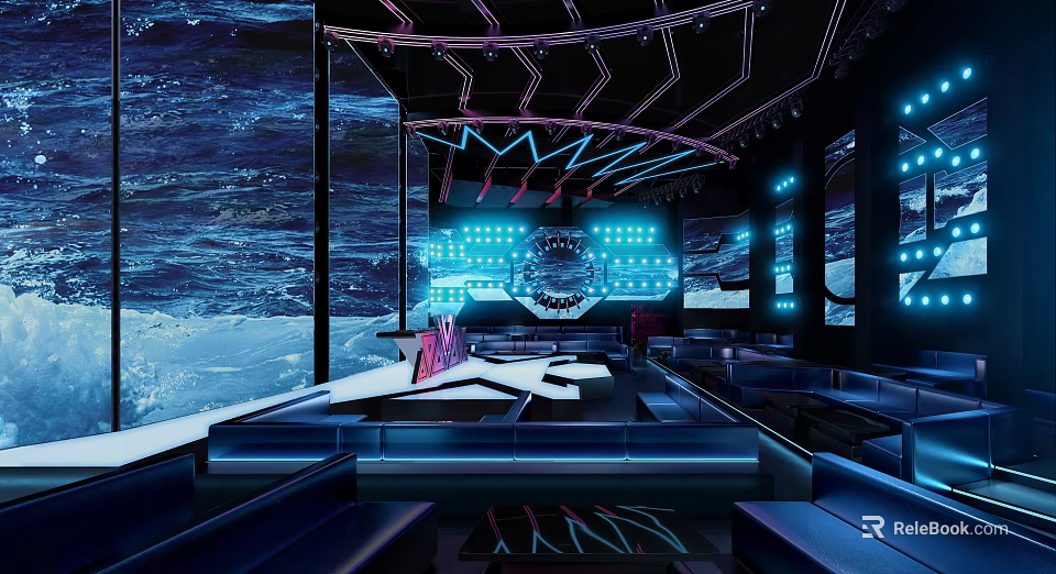 Modern Ballroom Interior Design With Neon Lights Blue Purple Illumination And Comfortable Sofa Seats 3d model 