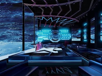 Modern Ballroom Interior Design With Neon Lights Blue Purple Illumination And Comfortable Sofa Seats 3d model
