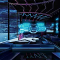 Modern Ballroom Interior Design With Neon Lights Blue Purple Illumination And Comfortable Sofa Seats