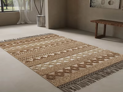 Square Rug Featuring Brown Beige Geometric Patterns And Fringed Edges In Natural Interior 3d model